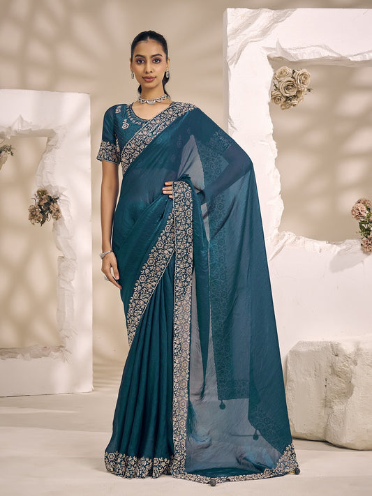 Teal solid satin silk saree with teal blouse piece