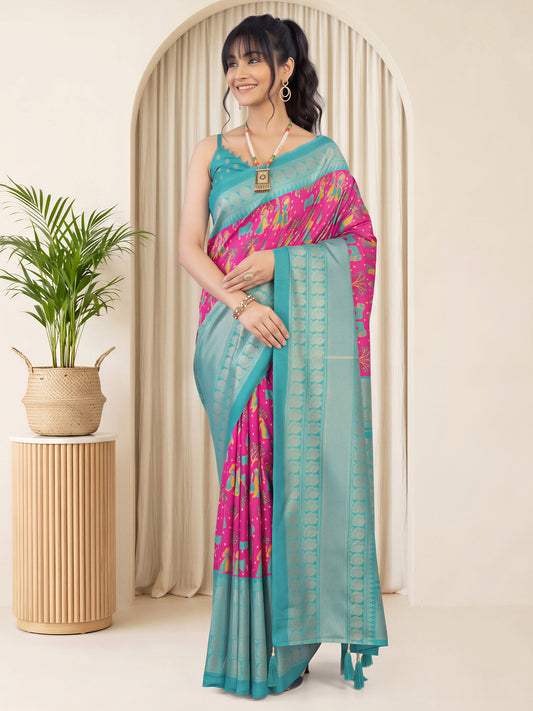 Woman wearing pink cotton blend saree with traditional indian motif work and turquoise blouse