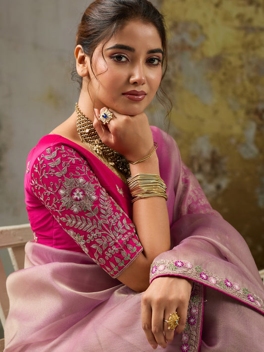 Pink tissue saree view 1