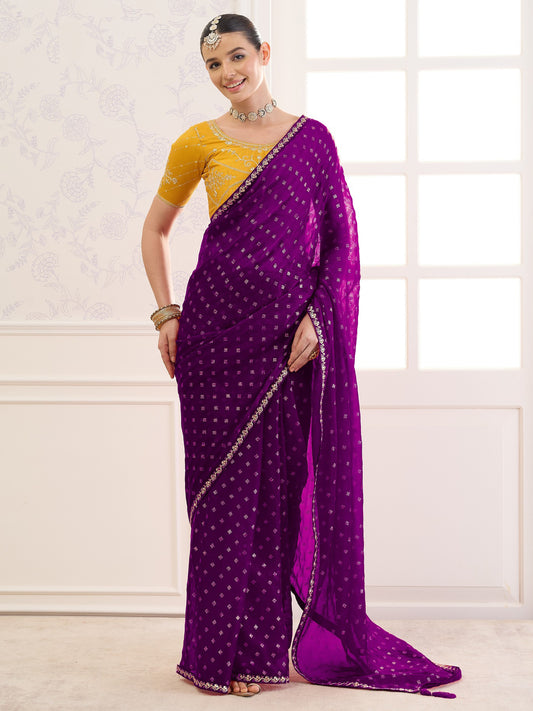 Purple foil chiffon saree with yellow blouse piece