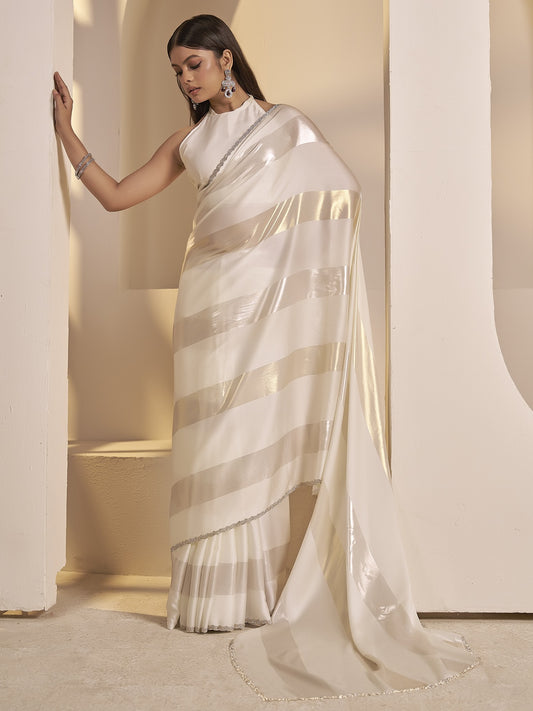 Off White satin silk saree view 1