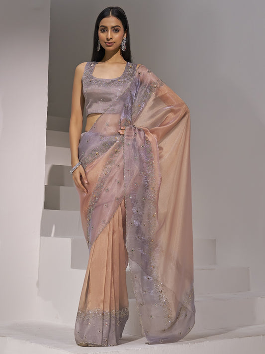 Peach applique organza saree with grey blouse piece