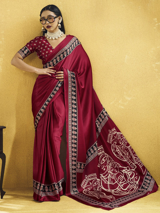 Maroon ajrak satin saree with maroon blouse piece
