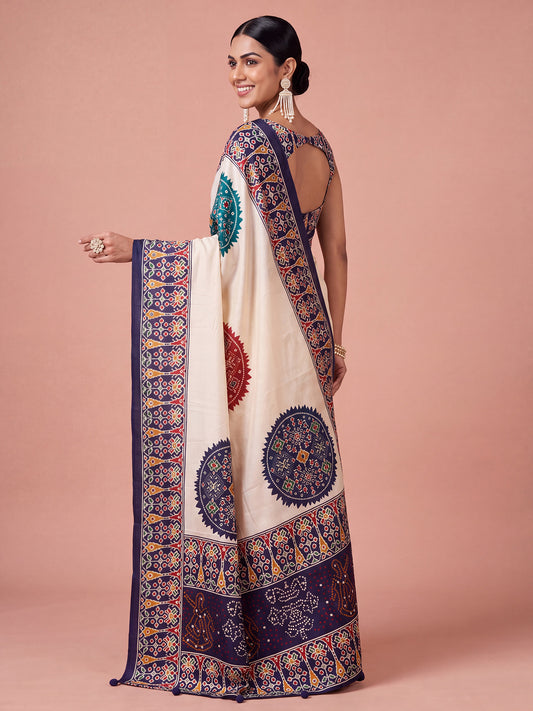 Navy Blue satin saree view 1