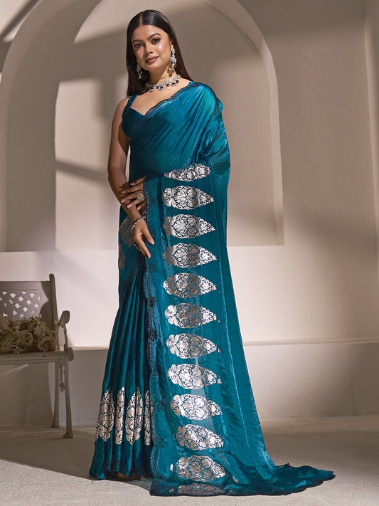 Teal Blue satin silk saree view 1