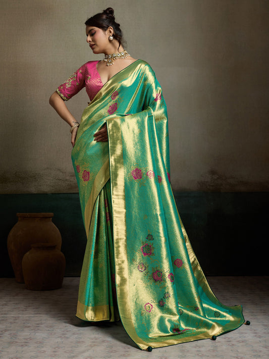 Teal Green zari butta banarasi silk saree with magenta blouse piece