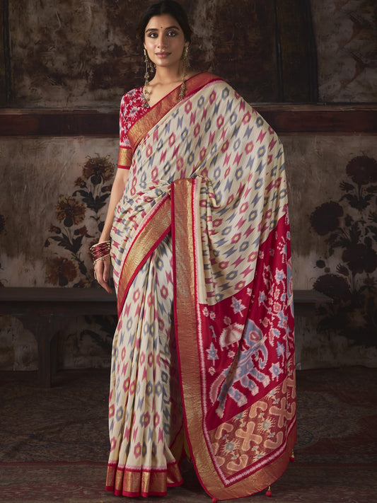 Off White ikat silk blend saree with pink blouse piece
