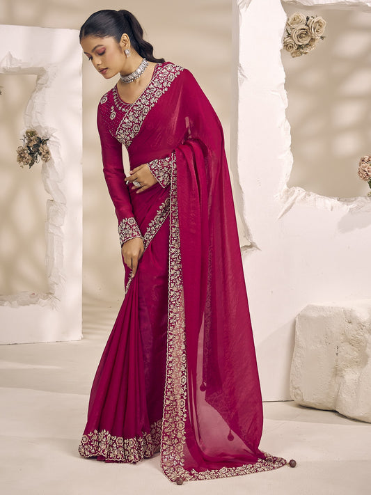 Pink satin silk saree view 1