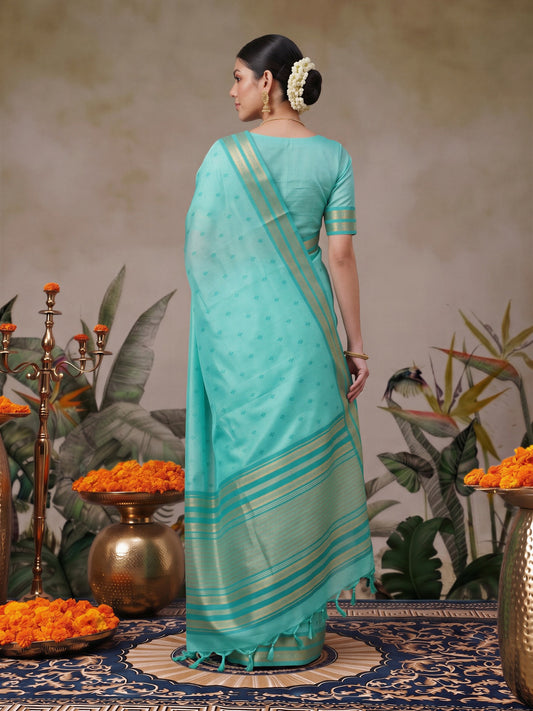 Turquoise Blue cotton blend saree view 1