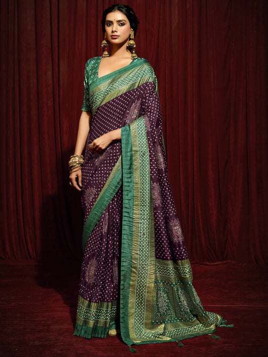 Purple foil tussar silk saree with teal green blouse piece