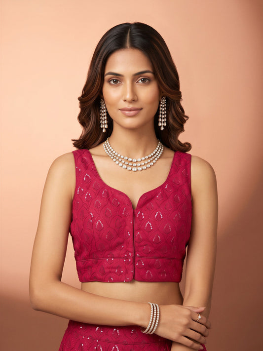 Magenta sequin embroidered georgette sleeveless readymade saree blouse with sweetheart neck
