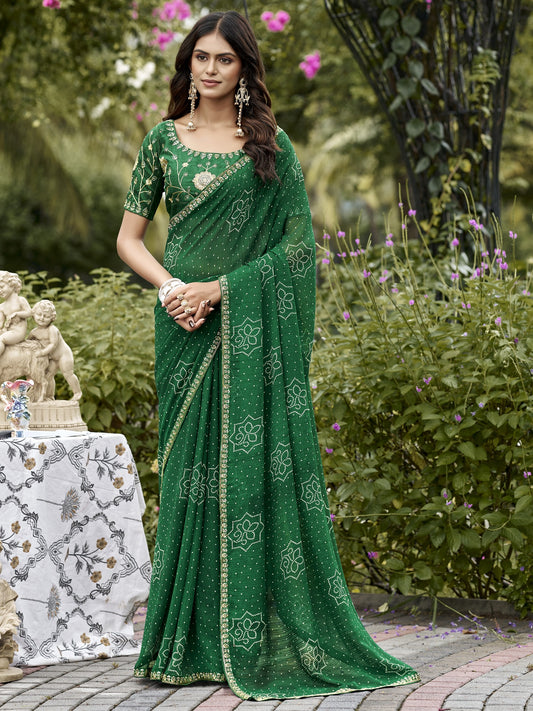 Green bandhani georgette saree with green blouse piece