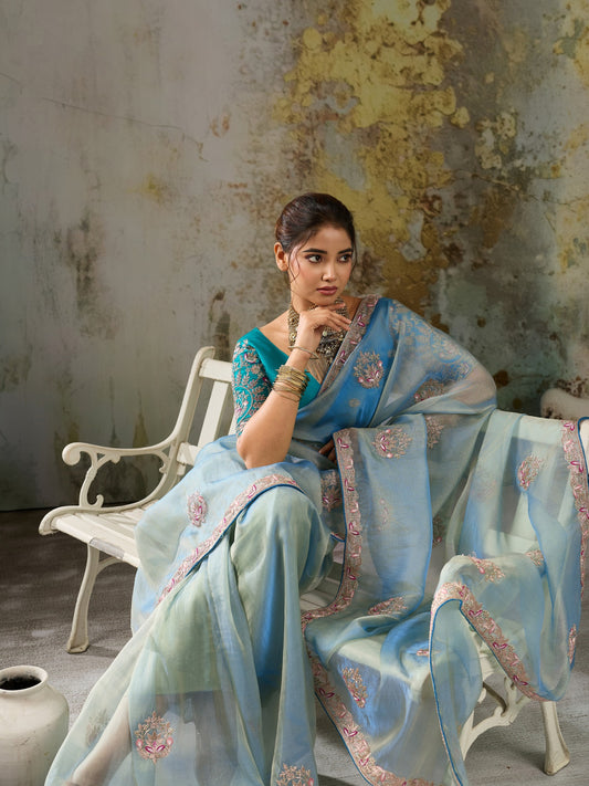 Light Blue tissue saree view 1