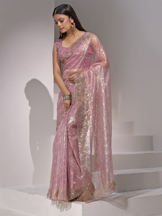 Mauve organza saree view 1