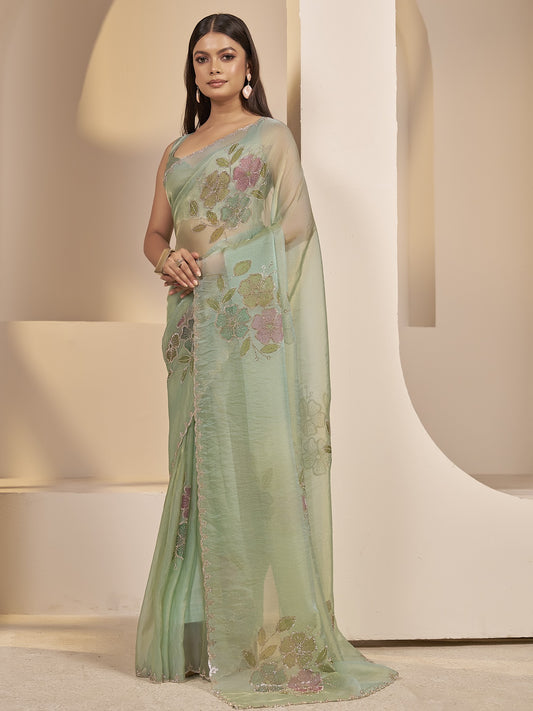 Sea Green embellished organza saree with sea green blouse piece