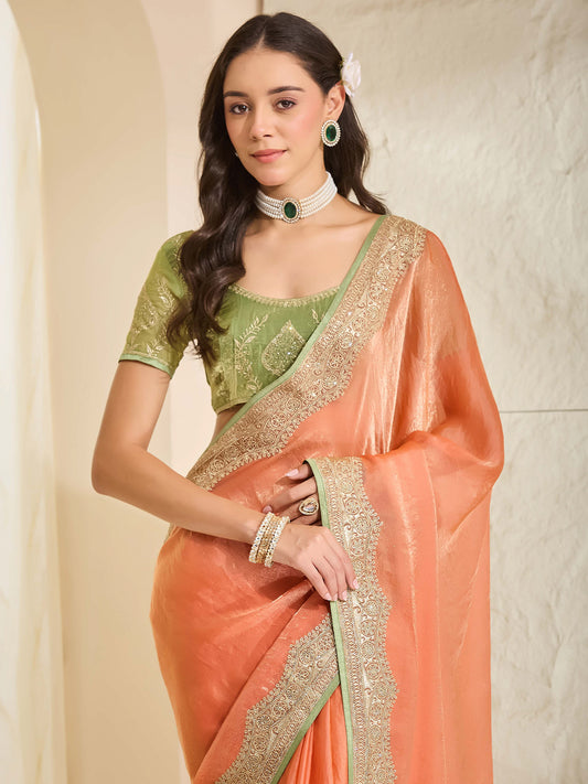 Orange Satin saree – detail view 4