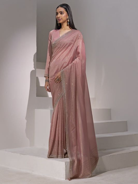 Pink solid pure silk saree with pink blouse piece
