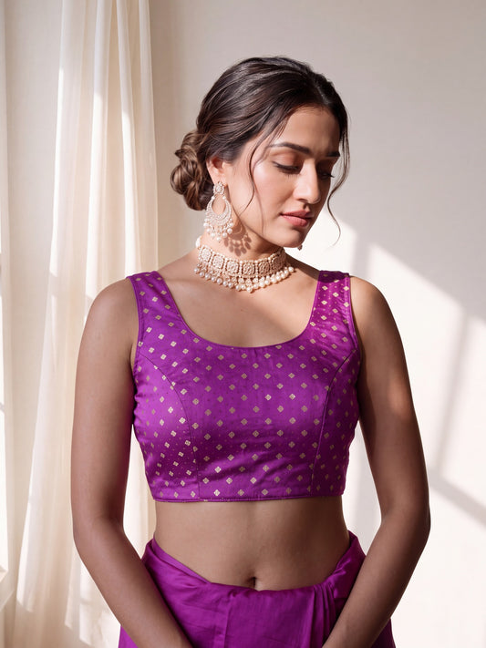 Violet zari woven silk blend sleeveless readymade saree blouse with round neck