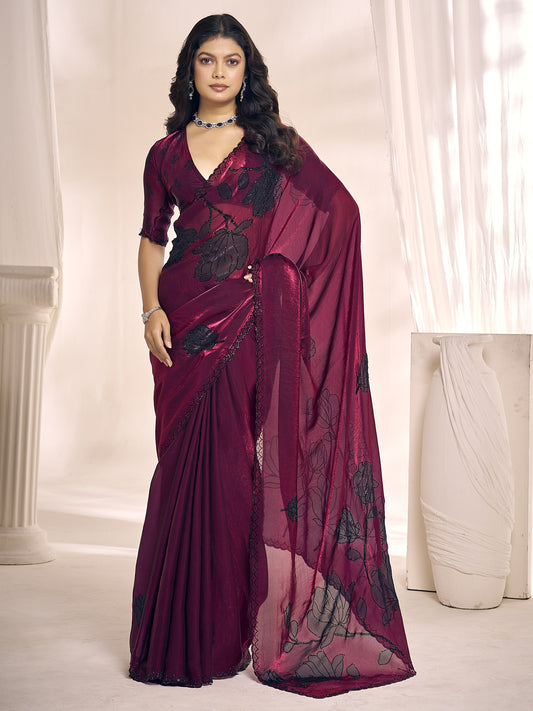 Magenta embellished satin silk saree with magenta blouse piece