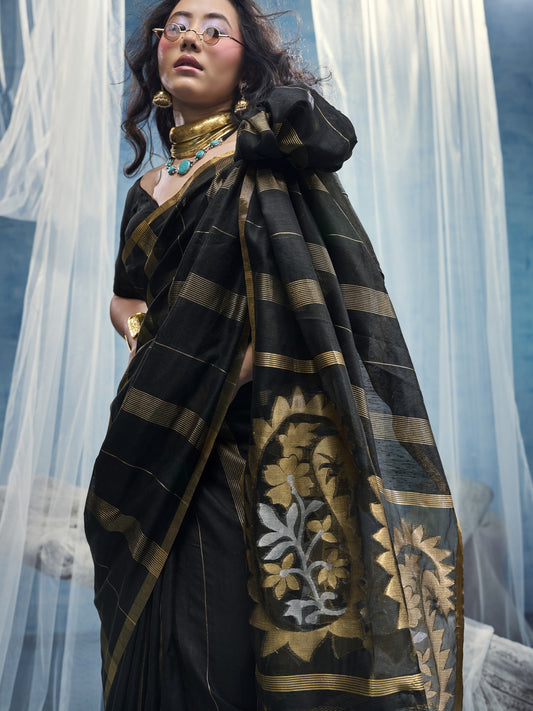 Black muga cotton saree view 1