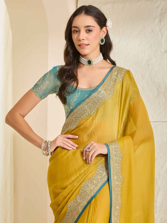 Mustard Satin saree – detail view 4