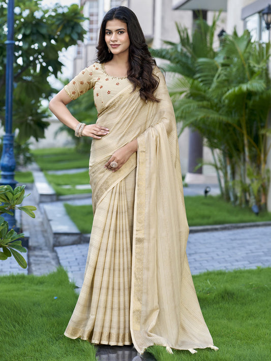 Beige striped jacquard saree with beige blouse piece