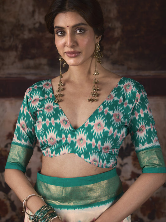 Off White silk blend saree view 1