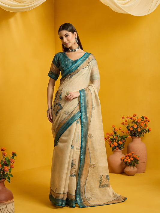Woman wearing beige cotton blend saree with zari butta (metallic motif) work and teal blue blouse