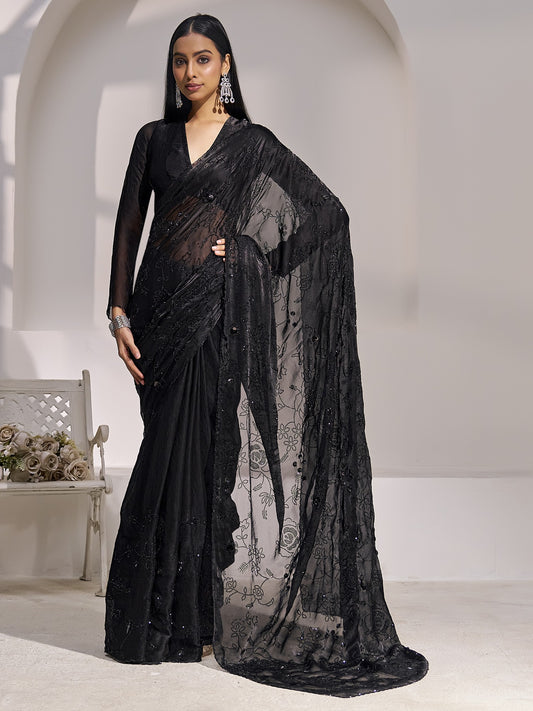 Black embellished satin silk saree with black blouse piece