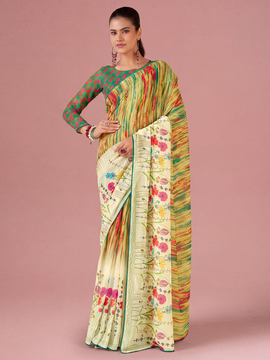 Woman wearing beige georgette saree with all-over floral design and mint green blouse