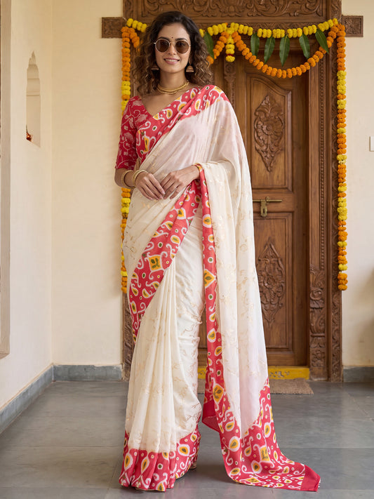 Woman wearing cream georgette saree with ikat resist-dyed pattern and red blouse