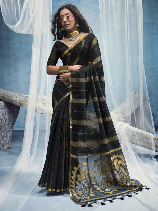 Black striped muga cotton saree with black blouse piece