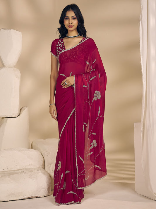 Pink embellished satin silk saree with pink blouse piece