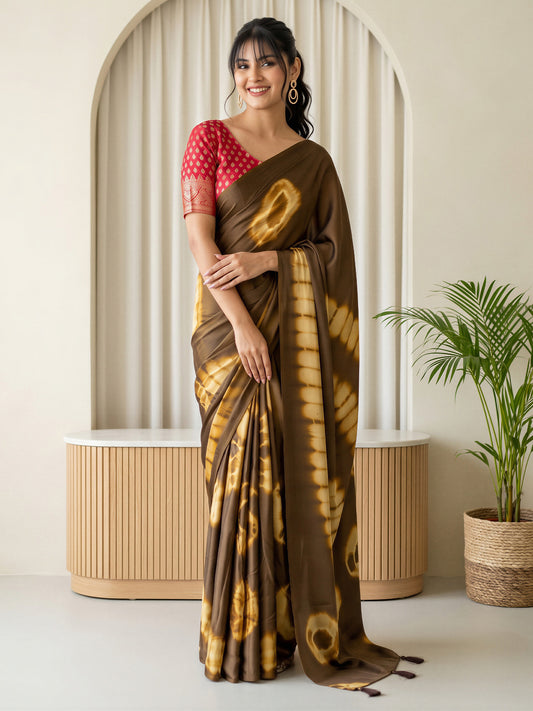 Woman wearing brown satin silk saree with tie-and-dye resist pattern and pink blouse