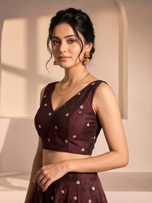 Brown sequin embellished vichitra silk sleeveless readymade saree blouse with v neck