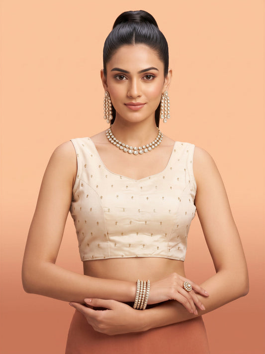 White sequin embellished silk blend sleeveless readymade saree blouse with round neck