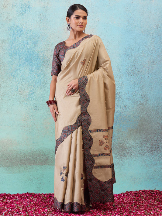 Light Brown applique silk blend saree with black blouse piece