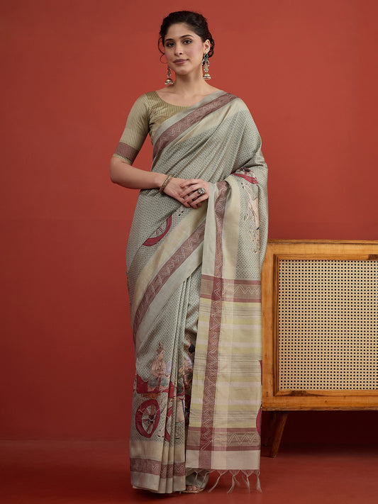 Sea Green ethnic motif art silk saree with sea green blouse piece