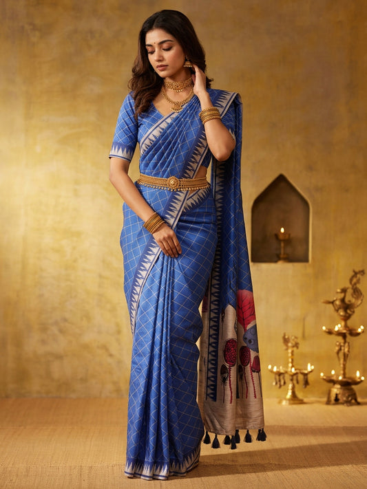 Blue geometric soft silk saree with blue blouse piece
