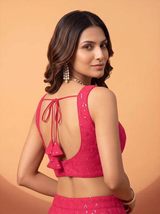 Pink sequin embroidered georgette sleeveless readymade saree blouse with sweetheart neck view 1