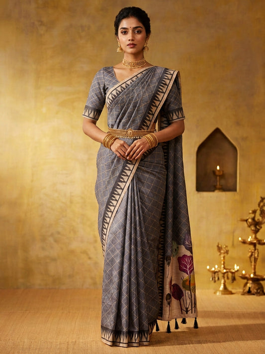 Grey geometric soft silk saree with grey blouse piece