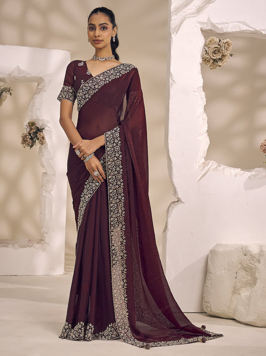 Wine solid satin silk saree with wine blouse piece