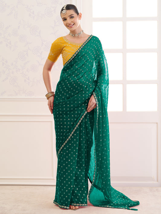 Teal Green foil chiffon saree with yellow blouse piece