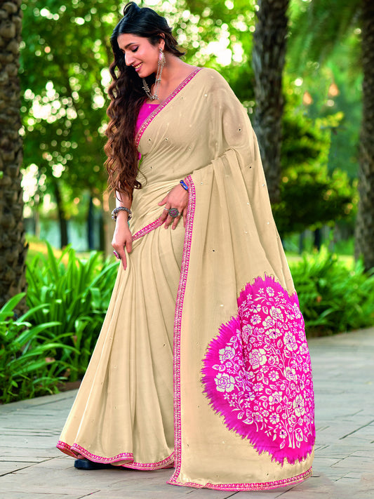 Beige embroidered chiffon saree with pink blouse piece