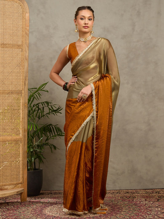 Rust solid satin saree with rust blouse piece