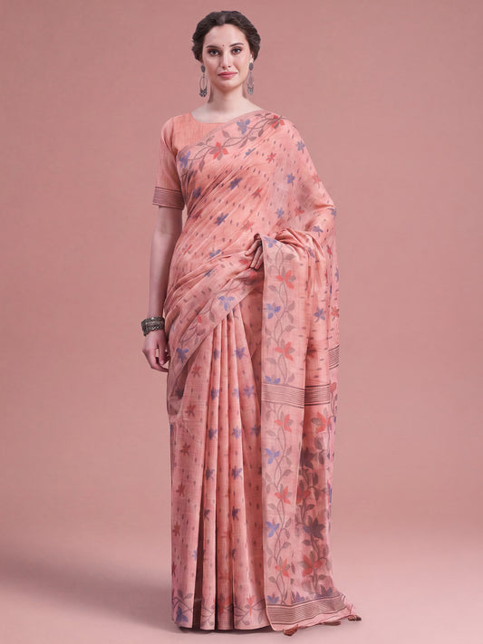 Woman wearing peach linen saree with all-over floral design and peach blouse