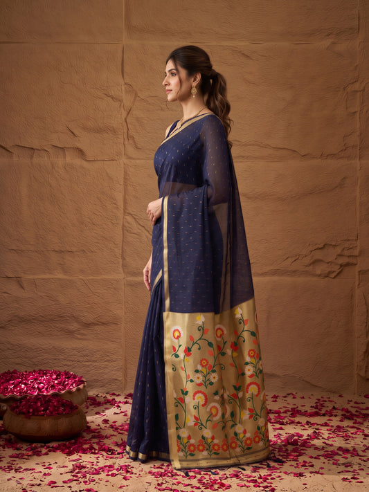 Navy Blue silk blend saree view 1