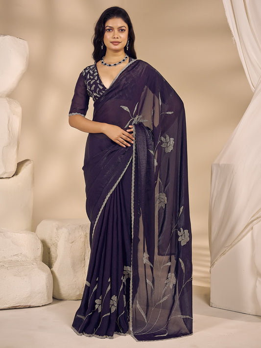 Purple embellished satin silk saree with purple blouse piece