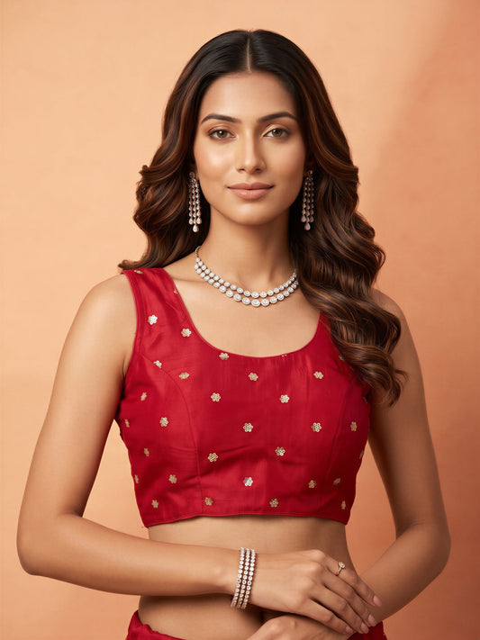 Red sequin embellished chinnon sleeveless readymade saree blouse with round neck