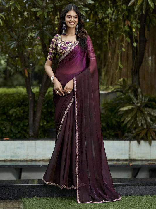 Wine solid chiffon saree with multicolored blouse piece